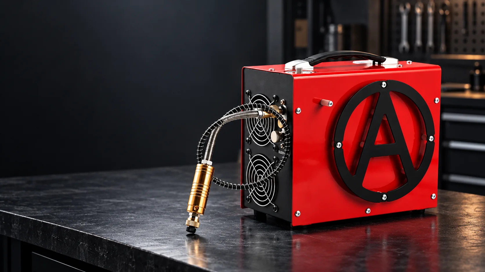 AIRMEGA high-pressure compressor on a dark industrial workbench