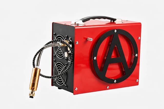 New red AIRMEGA enclosed portable compressor with flexible hose